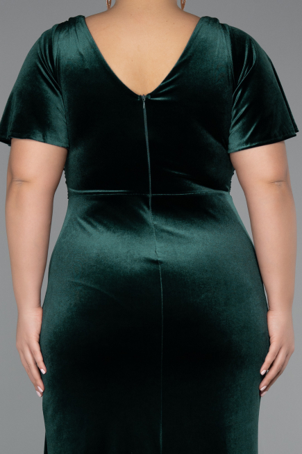 Emerald Green Short Sleeve Slit Long Velvet Plus Size Evening Dress ABU4317