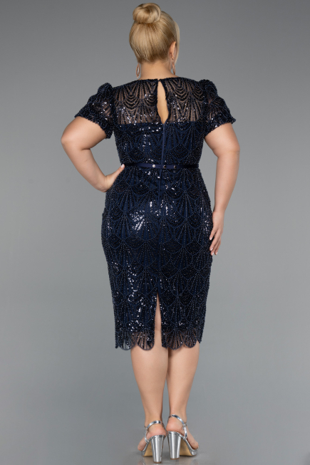 Midi Navy Blue Beaded Plus Size Cocktail Dress ABK2449