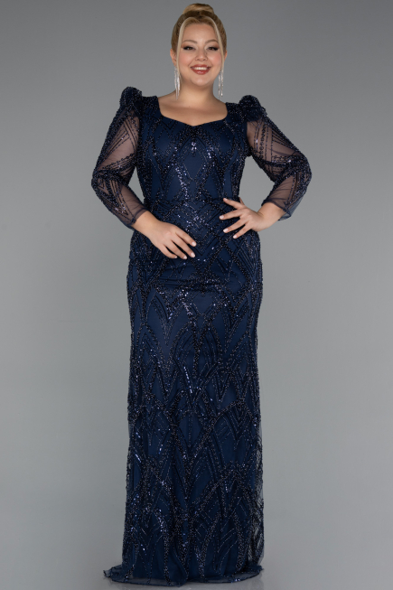 Long Navy Blue Beaded Evening Dress ABU5387