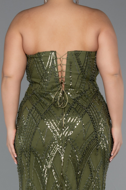 Olive Drab Long Beaded Plus Size Evening Dress ABU4789