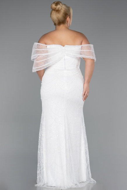 Long White Beaded Plus Size Wedding Dress ABU5372