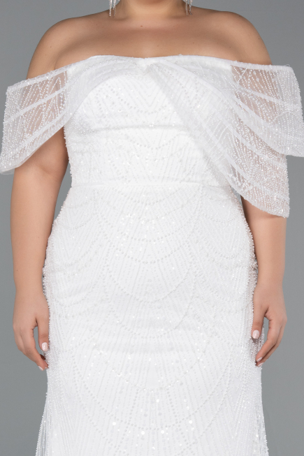 Long White Beaded Plus Size Wedding Dress ABU5372