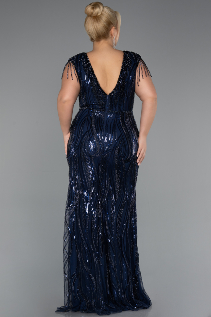 Navy Blue Beaded Detailed V Neck Long Sequined Plus Size Evening Gown ABU5384