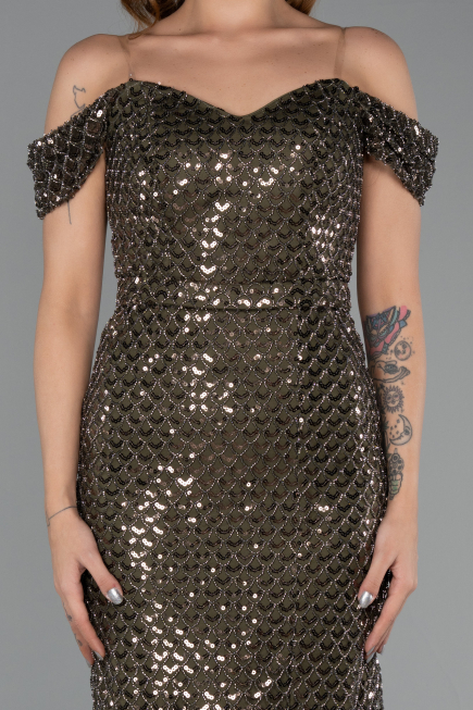 Long Olive Drab Beaded Evening Dress ABU5401
