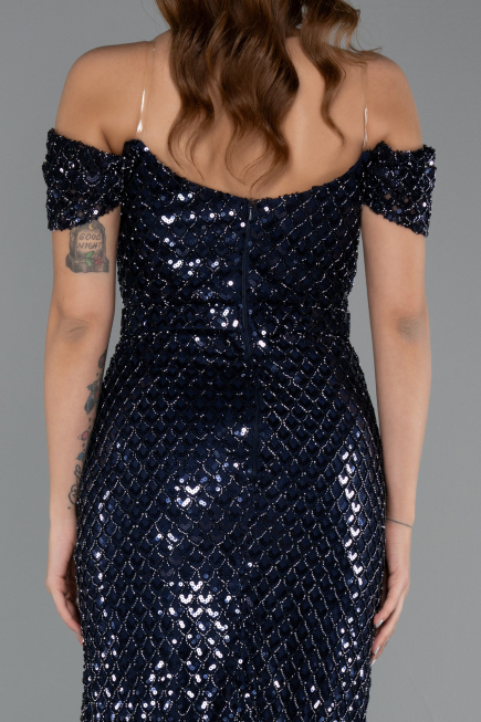 Long Navy Blue Beaded Evening Dress ABU5401