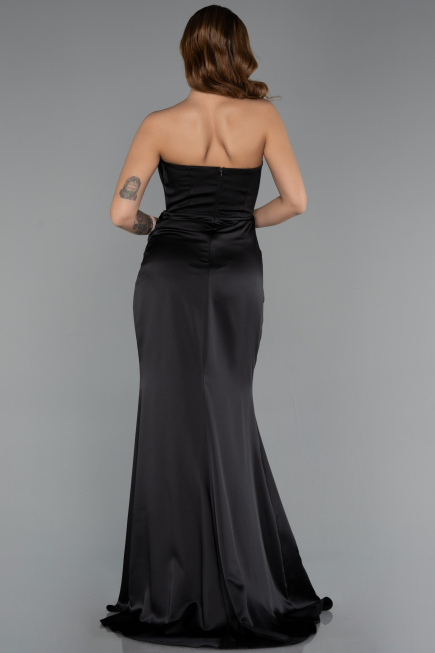 Long Black Satin Prom Gown ABU5417