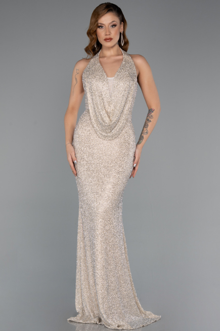 Long Beige Beaded Evening Dress ABU5403