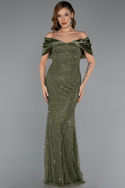Long Olive Drab Beaded Evening Dress ABU5400