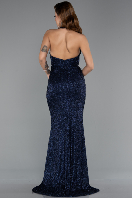 Long Navy Blue Beaded Evening Dress ABU5403