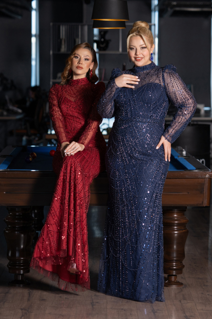 Navy Blue Long Sleeve High Collar Stoned Plus Size Evening Gown ABU4527