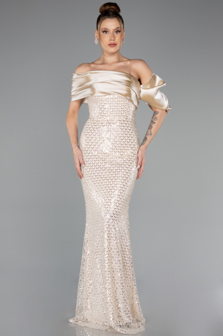 Long Beige Beaded Evening Dress ABU5434
