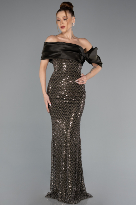 Long Olive Drab Beaded Evening Dress ABU5434