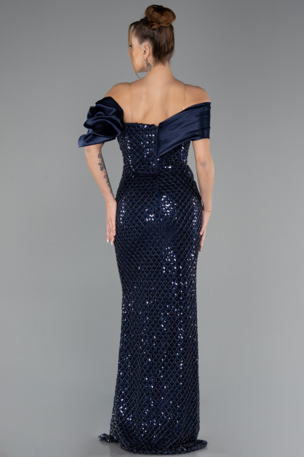 Long Navy Blue Beaded Evening Dress ABU5434