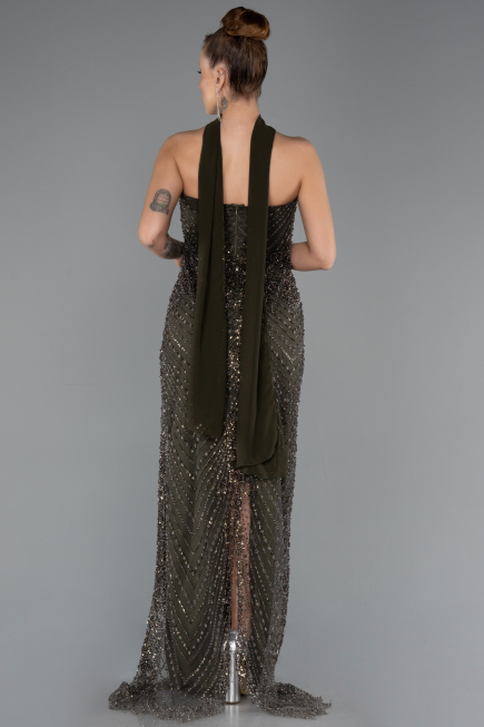 Long Dark Khaki Beaded Evening Dress ABU5438