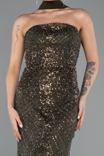 Long Dark Khaki Beaded Evening Dress ABU5438