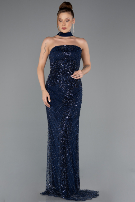 Long Navy Blue Beaded Evening Dress ABU5438