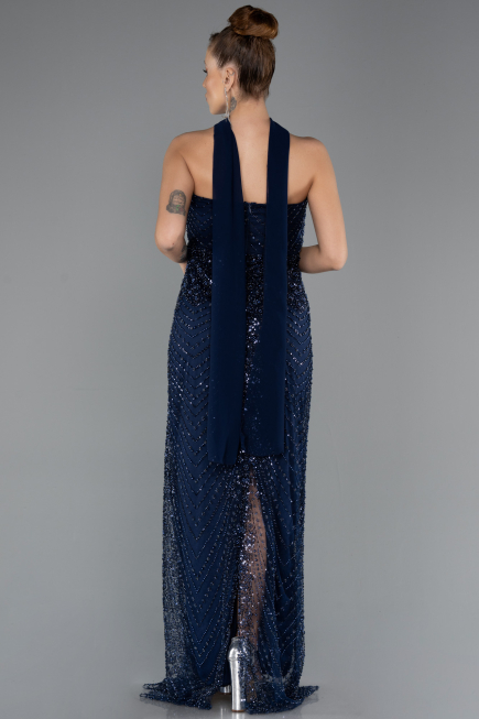 Long Navy Blue Beaded Evening Dress ABU5438
