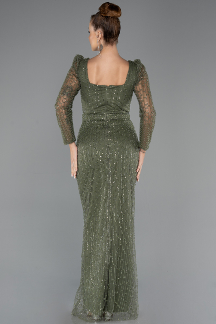 Long Olive Drab Beaded Evening Dress ABU5431