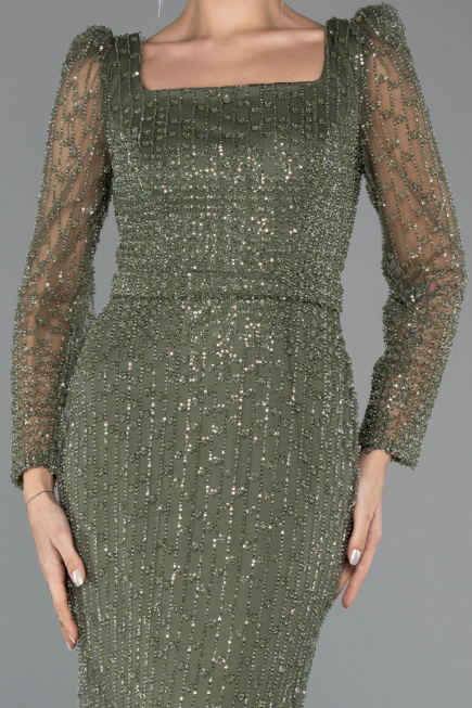 Long Olive Drab Beaded Evening Dress ABU5431