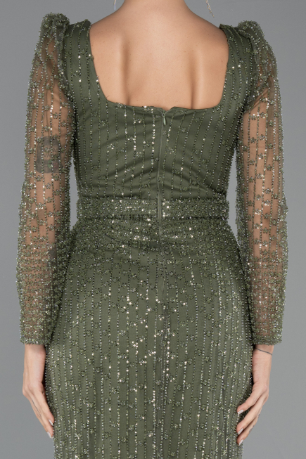 Long Olive Drab Beaded Evening Dress ABU5431