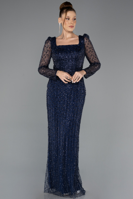 Long Navy Blue Beaded Evening Dress ABU5431