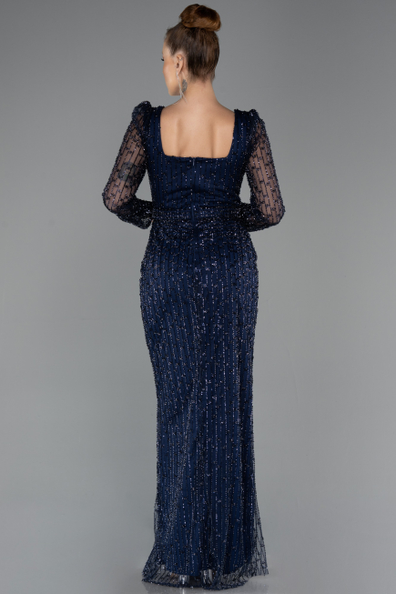 Long Navy Blue Beaded Evening Dress ABU5431