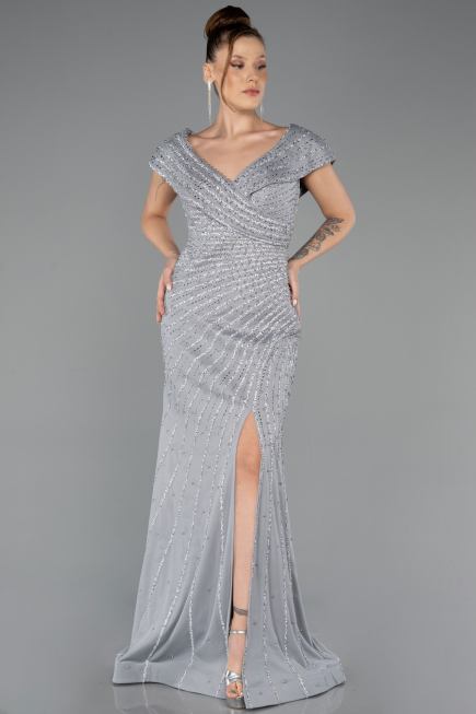 Long Grey Beaded Plus Size Engagement Dress ABU5444