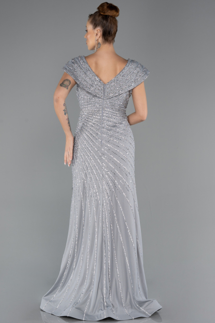 Long Grey Beaded Plus Size Engagement Dress ABU5444