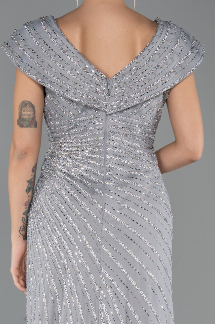 Long Grey Beaded Plus Size Engagement Dress ABU5444