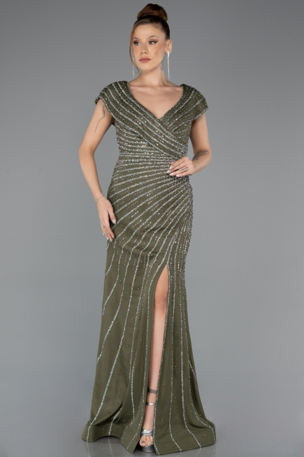 Long Olive Drab Beaded Plus Size Engagement Dress ABU5444