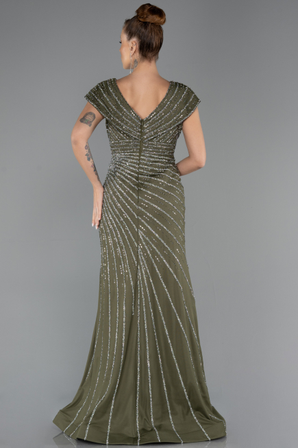 Long Olive Drab Beaded Plus Size Engagement Dress ABU5444