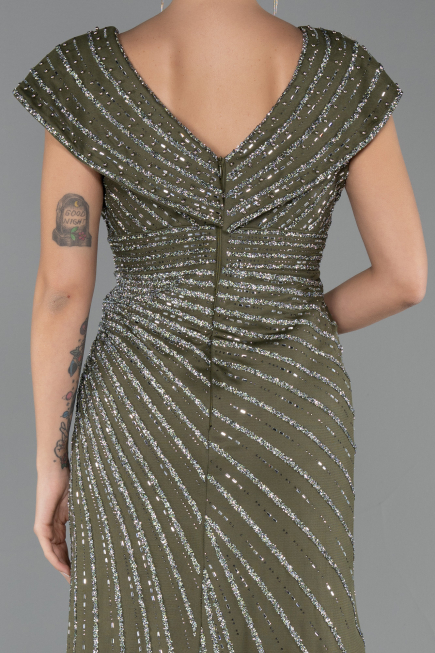 Long Olive Drab Beaded Plus Size Engagement Dress ABU5444