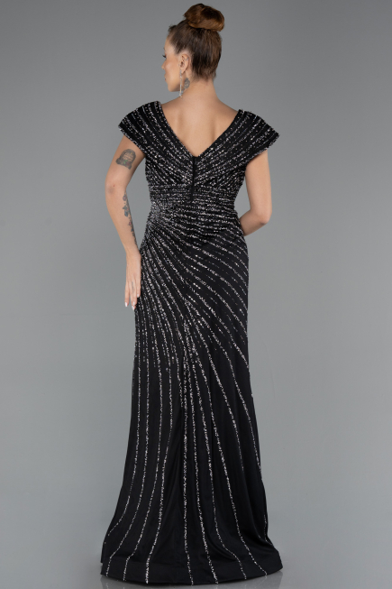 Long Black Beaded Plus Size Engagement Dress ABU5444