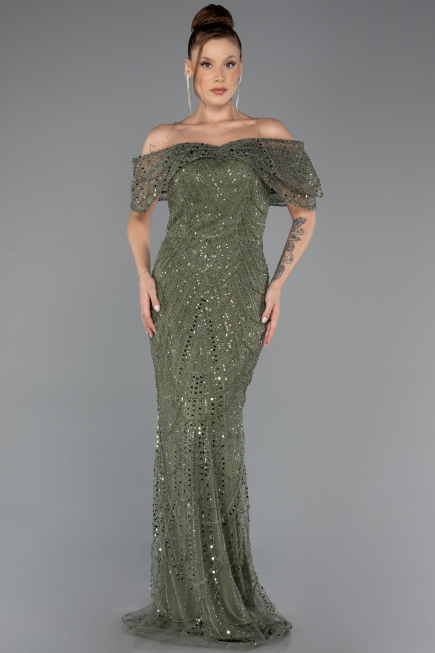 Long Olive Drab Beaded Evening Dress ABU5371