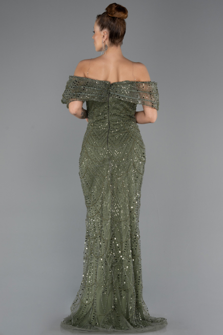Long Olive Drab Beaded Evening Dress ABU5371