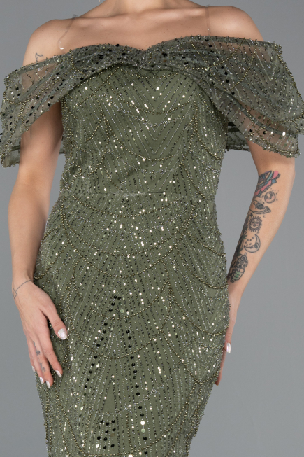 Long Olive Drab Beaded Evening Dress ABU5371