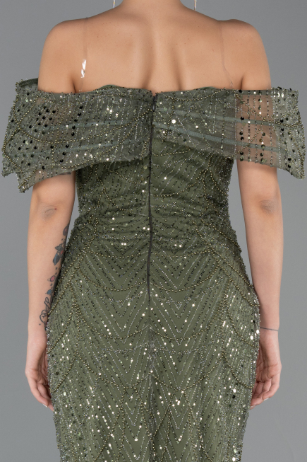 Long Olive Drab Beaded Evening Dress ABU5371