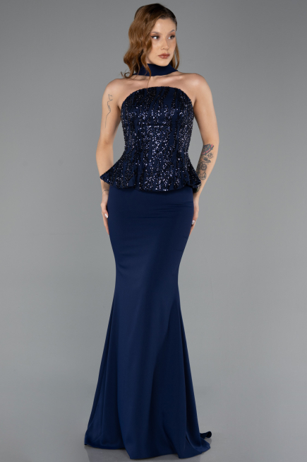 Long Navy Blue Chiffon Evening Dress ABU5457