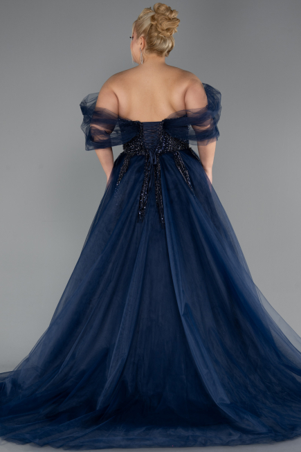 Navy Blue Off The Shoulder Stoned Plus Size Ball Gown Prom Dress ABU4747