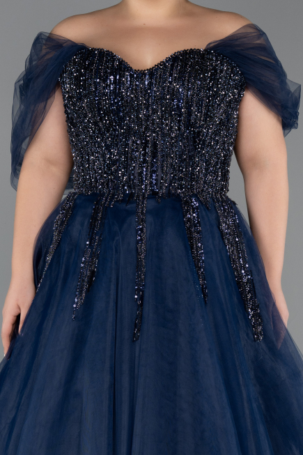 Navy Blue Off The Shoulder Stoned Plus Size Ball Gown Prom Dress ABU4747