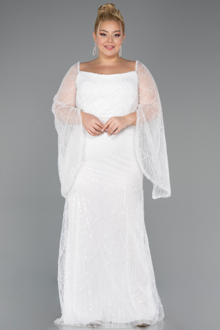 White Long Beaded Plus Size Evening Gown ABU5067