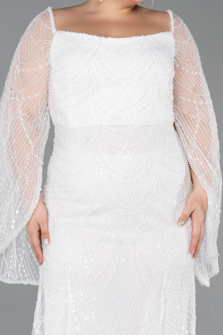 White Long Beaded Plus Size Evening Gown ABU5067