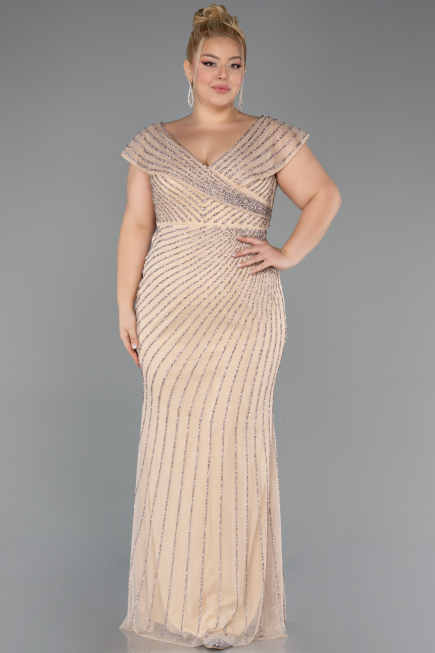 Long Beige Stony Plus Size Evening Dress ABU5439