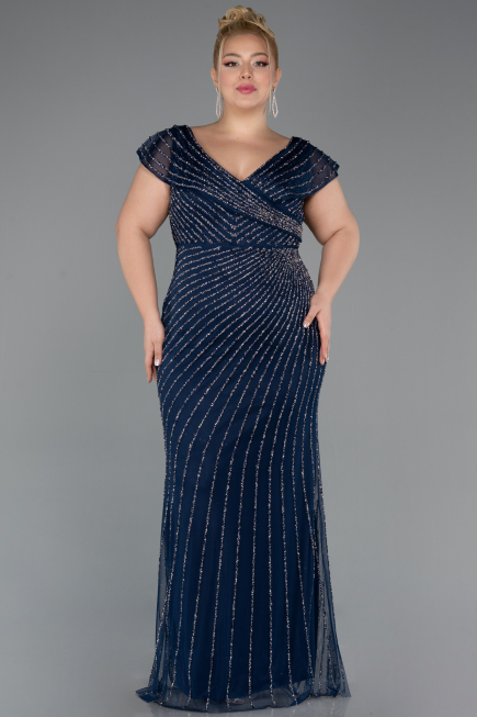 Long Navy Blue Stony Plus Size Evening Dress ABU5439