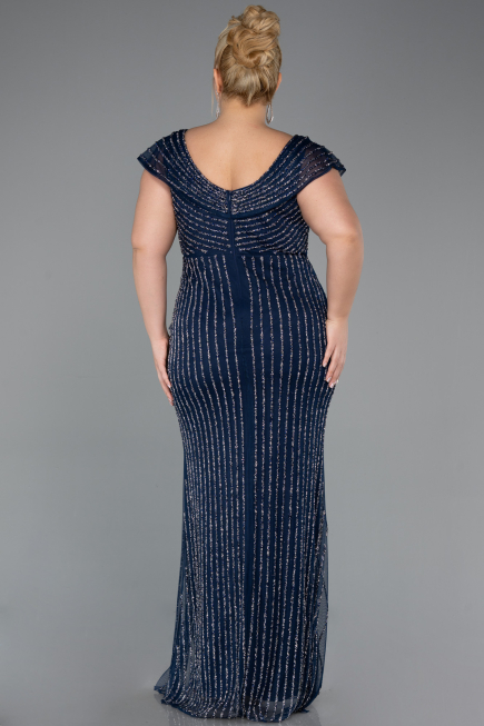 Long Navy Blue Stony Plus Size Evening Dress ABU5439