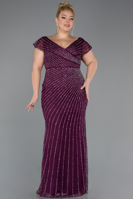 Long Plum Stony Plus Size Evening Dress ABU5439
