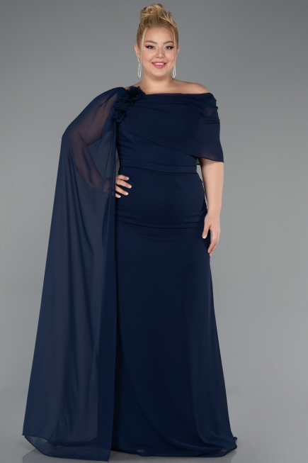 Long Navy Blue Chiffon Plus Size Evening Dress ABU5419