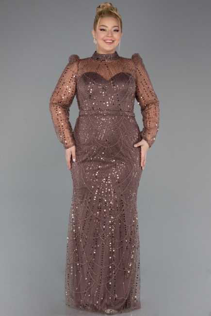 Brown Long Sleeve High Collar Stoned Plus Size Evening Gown ABU4527