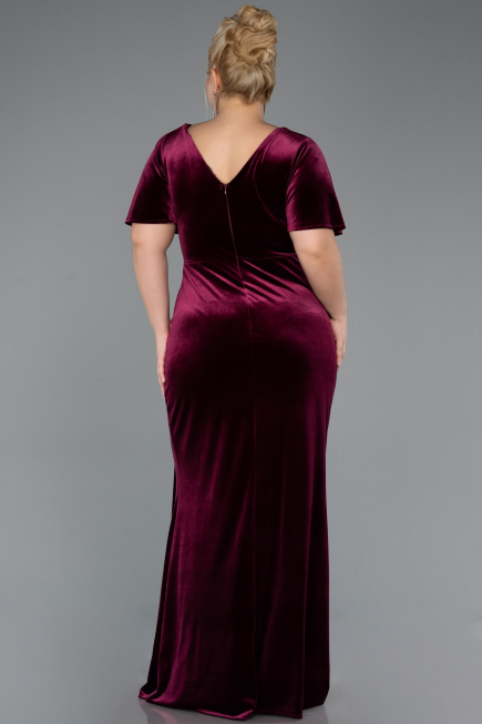 Burgundy Short Sleeve Slit Long Velvet Plus Size Evening Dress ABU4317