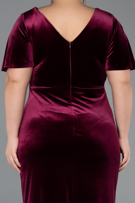 Burgundy Short Sleeve Slit Long Velvet Plus Size Evening Dress ABU4317